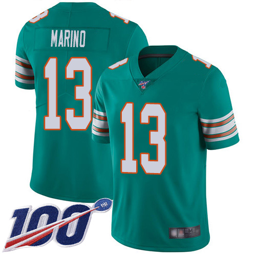 Nike Miami Dolphins 13 Dan Marino Aqua Green Alternate Men Stitched NFL 100th Season Vapor Limited Jersey